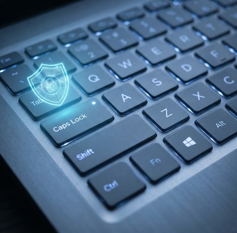 Close-up macro shot of a modern laptop keyboard with soft blue indicator lights, a digital shield vector overlaid, sharp focus, cool tones, 35mm