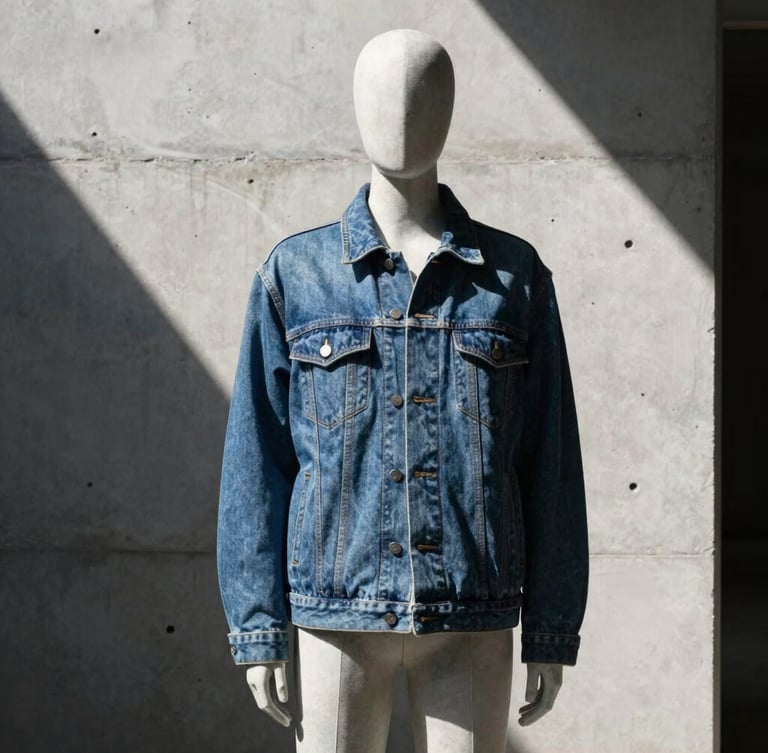 Stark fashion photography, harsh side-lighting, a model in a static sculptural pose wearing a heavy raw denim jacket, concrete background, 35mm