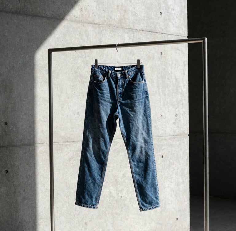 Stark fashion photography, a heavy raw denim garment hanging on a raw steel rack, high-contrast side-lighting, concrete background, 35mm