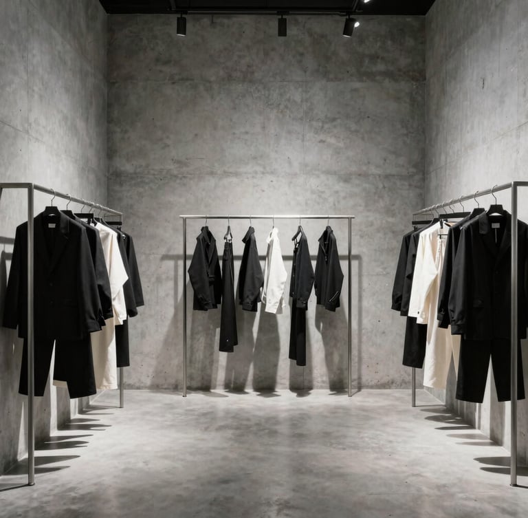 Wide centered architectural crop of a stark minimalist fashion showroom, raw steel racks holding structured garments, harsh high-contrast side-lighting on concrete walls, 35mm