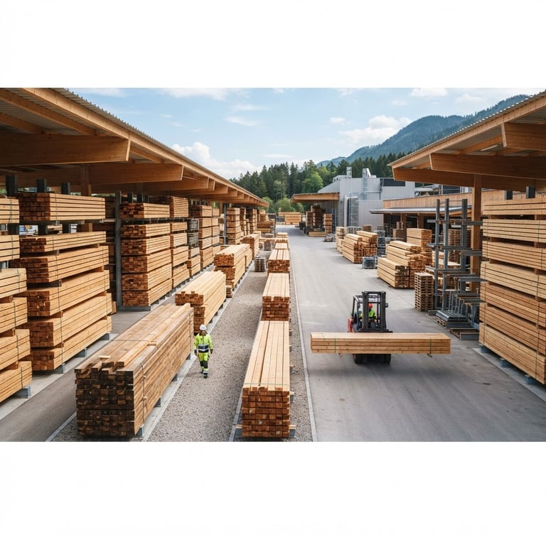 Wide panoramic view of a modern, organized timber yard, neatly stacked structural wood beams under bright natural daylight, sharp focus, clean architectural framing, 35mm