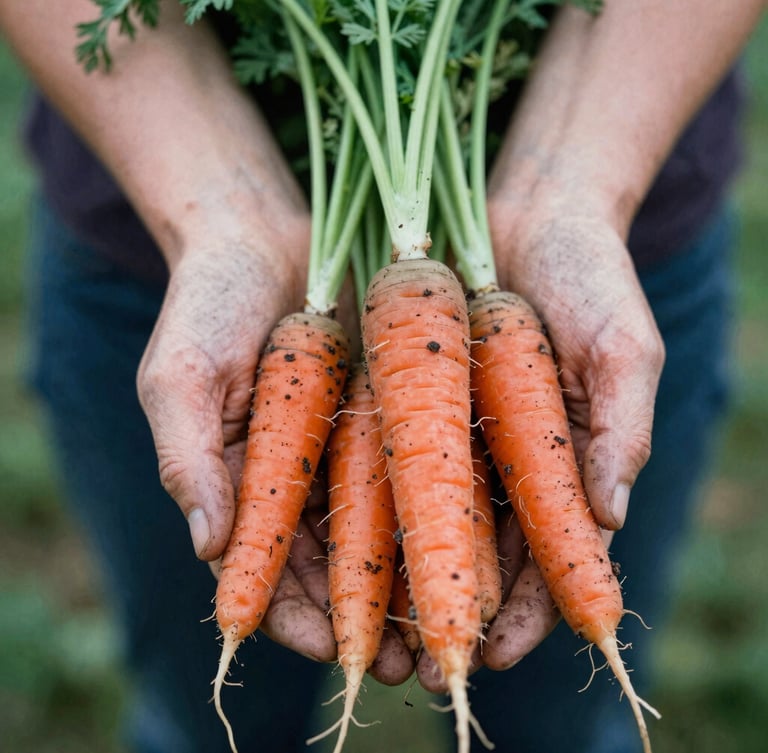 Close-up of weathered hands holding freshly harvested heirloom carrots with dark soil still clinging to the roots, soft natural morning daylight, rich textured details, 35mm film style