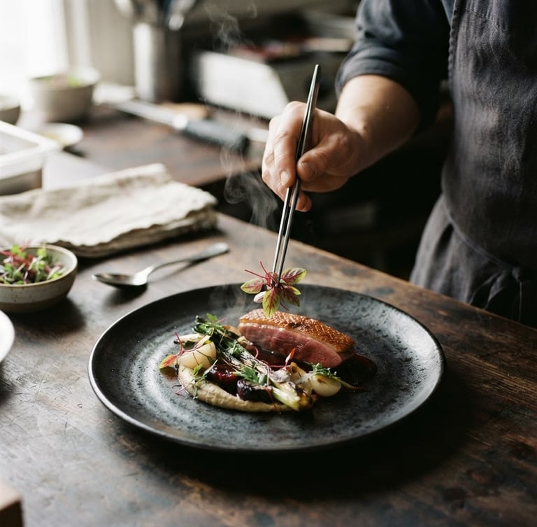 Overhead editorial shot of hands plating a dish with tweezers, steam rising, soft northern daylight on dark ceramic plate, 35mm film style.