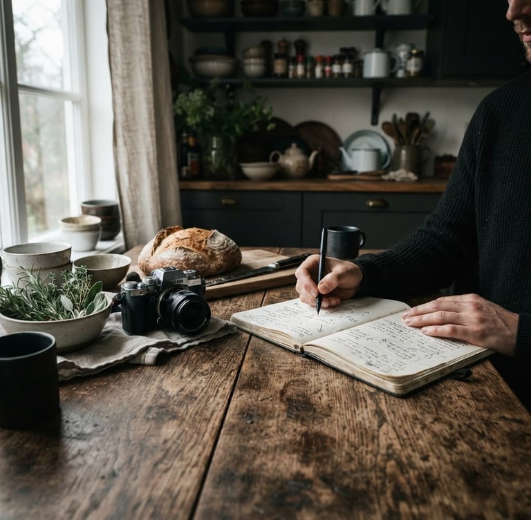 Wide panoramic shot of a rustic kitchen table, hands sketching content strategy on a notebook, a camera lens and fresh ingredients (herbs, crusty bread) nearby, moody Scandinavian daylight, high-contrast shadows, rich textures, 35mm lens.