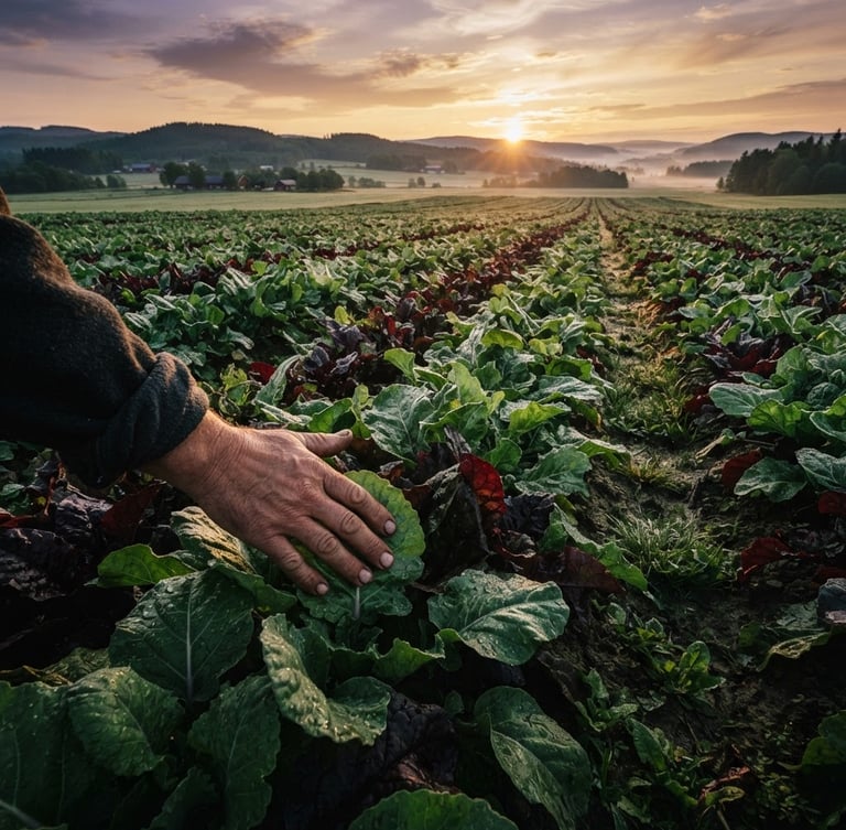 Wide panoramic view of a fertile field at dawn, dew on the leaves, soft golden light, high-contrast shadows, a farmer's hand gently touching a crop in the foreground, low horizon line, matte forest green and deep crimson tones.