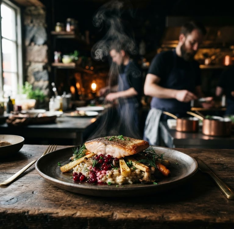 Close-up of steam rising from a perfectly plated dish in a dimly lit, cozy Scandinavian-style restaurant kitchen, high-contrast shadows, 35mm lens