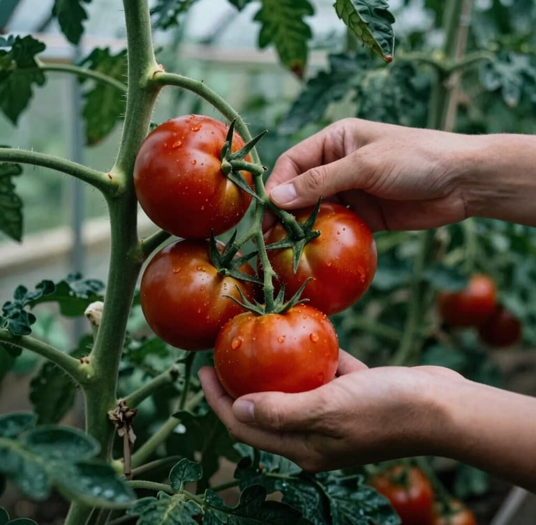Close-up of hands gently harvesting fresh, ripe tomatoes from a vine in a greenhouse, soft Scandinavian daylight, rich green and red tones, high-contrast shadows, 35mm lens.