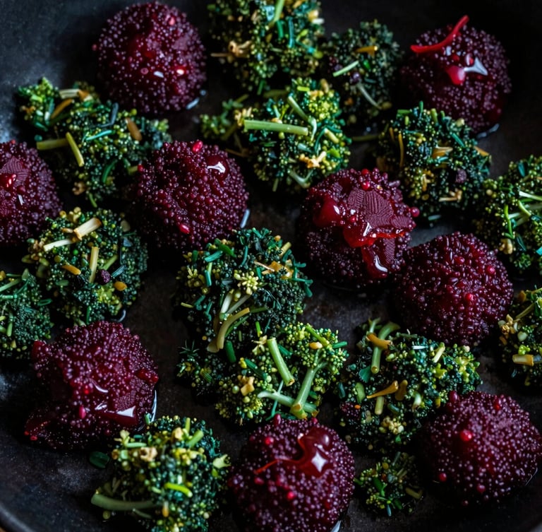 Portrait close-up of a beautifully plated dish, showcasing rich textures and vibrant colors, moody Scandinavian daylight, high contrast, deep crimson and forest green tones, 35mm lens.