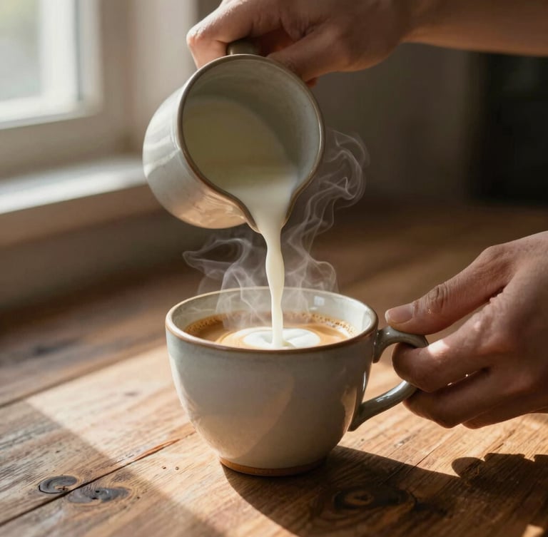 Close-up shot of hands pouring fresh milk into a ceramic cup of espresso, warm morning light streaming across a rustic wooden table, steam rising, shallow depth of field