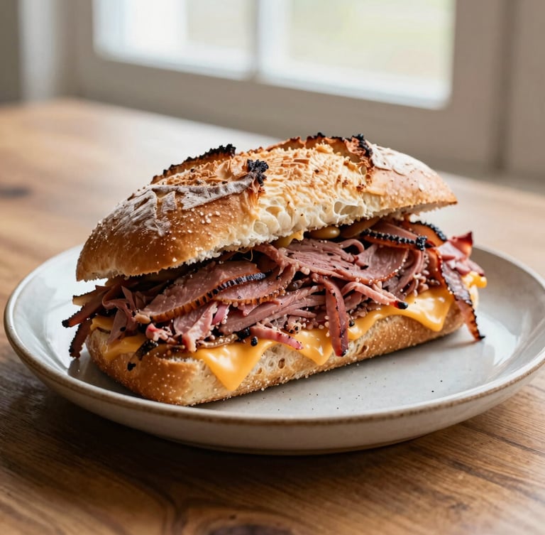 Close-up overhead shot of a thick-cut hot pastrami sandwich on fresh sourdough bread, melted cheese, on a rustic ceramic plate, soft natural window light, wood grain table.