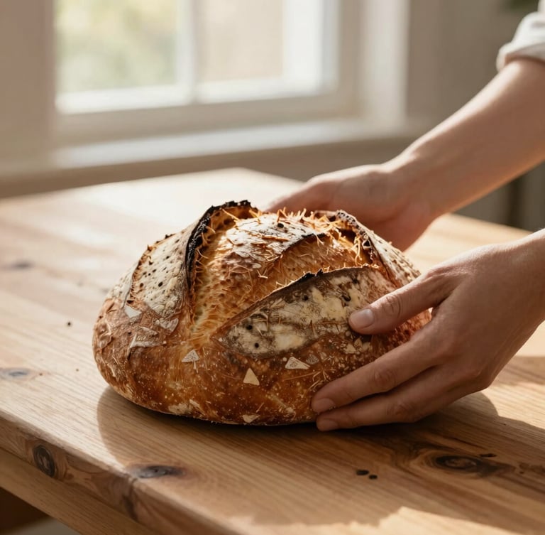 Hands sharing a freshly baked loaf of rustic sourdough bread over a natural wood table, warm golden hour light, soft focus.