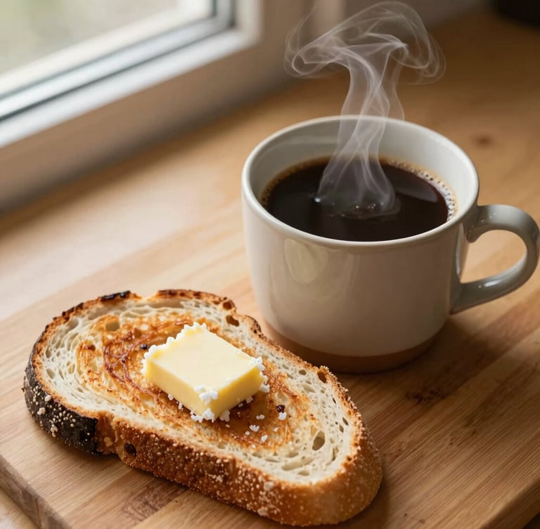 Close-up overhead shot of steaming black coffee in a ceramic mug beside thick slices of toasted sourdough with house-whipped sea salt butter, soft morning window light, warm wood table background, shallow depth of field, 35mm