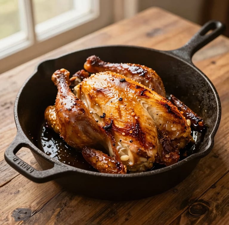 Close-up overhead shot of roasted chicken in a cast iron skillet on a rustic wooden table, low-angle golden hour light, warm editorial food photography, 35mm