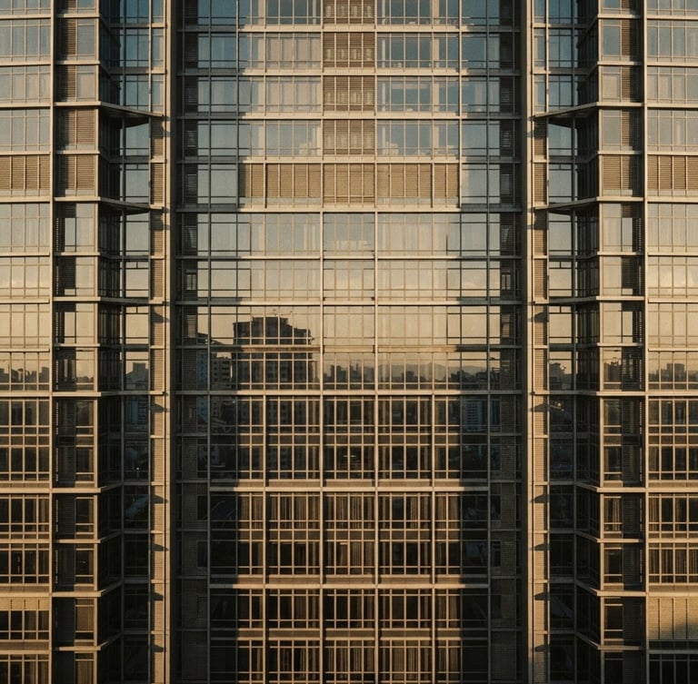 Symmetrical architectural crop of a modern corporate skyscraper in Nairobi, sharp geometric shadows, soft directional window light, warm desaturated tones, 35mm film style.