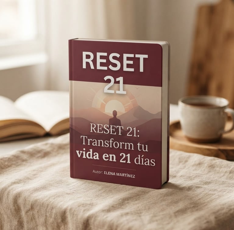 Mockup 3D del ebook RESET 21 en español, con portada visible, sobre un fondo de color beige claro, con iluminación suave.