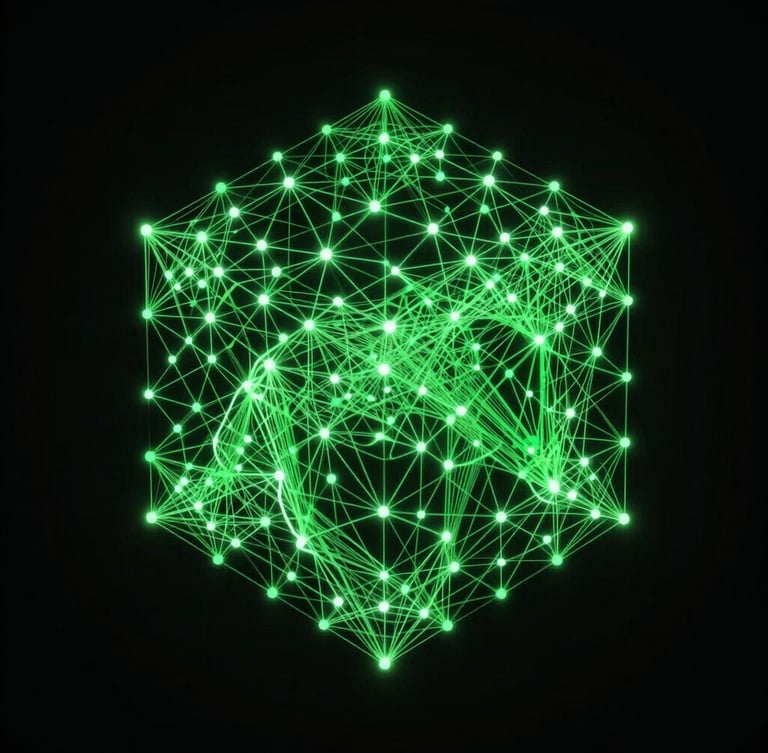An isometric abstract wireframe of a secure network node diagram, glowing green lines on a pitch black background.