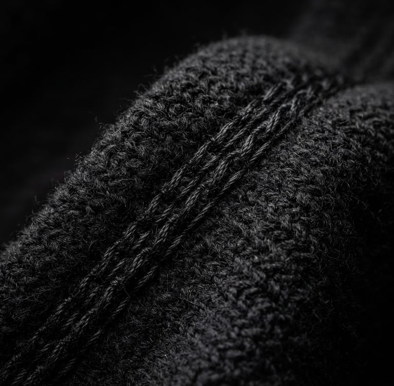 Extreme close-up on heavy black cotton knit fabric, showing rich texture and clean double-needle stitching, dramatic high-contrast studio lighting, deep shadows, 85mm lens