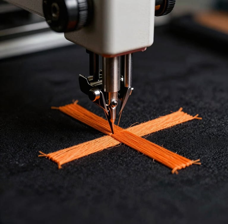 Industrial embroidery machine needles stitching orange thread onto black fabric, high-speed motion blur, dramatic industrial lighting, premium manufacturing