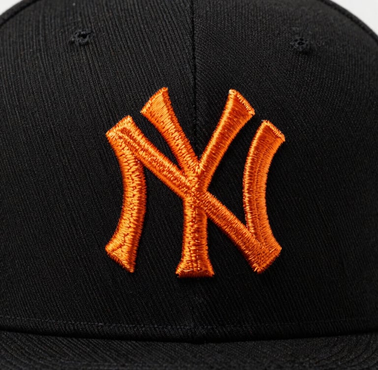 Extreme macro shot of a black snapback cap with detailed orange embroidery, high-contrast studio lighting, sharp thread textures, 85mm lens