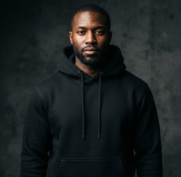 Portrait shot of a premium black cotton fleece pullover hoodie on a model, high-contrast studio lighting, deep shadows, rich texture, sharp details, 85mm lens
