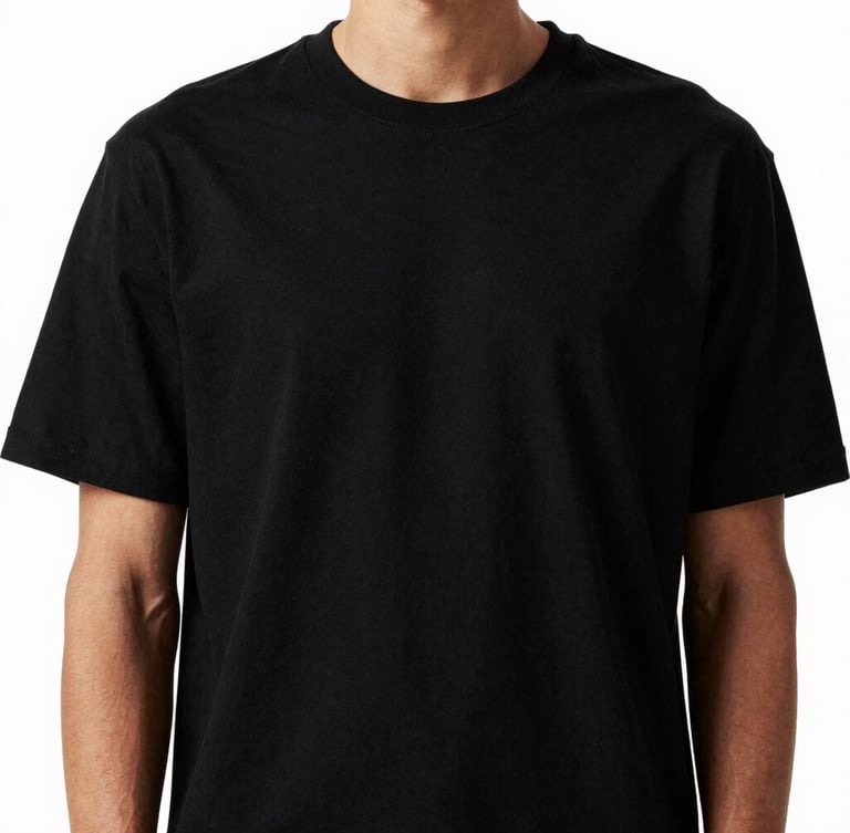 Portrait shot of a model wearing a heavy black drop-shoulder t-shirt, showing the thick fabric drape and rich texture, high-contrast studio lighting, deep shadows, 85mm lens