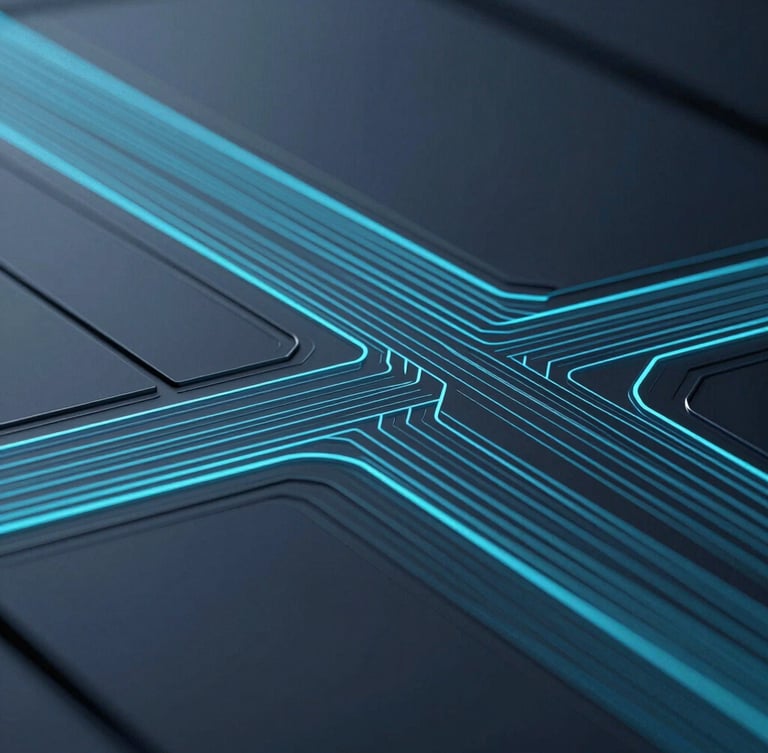 Tight close-up of a high-end abstract 3D render representing structured data flows, cool-toned highlights of electric cyan cutting through deep slate shadows, minimalist technical interface.