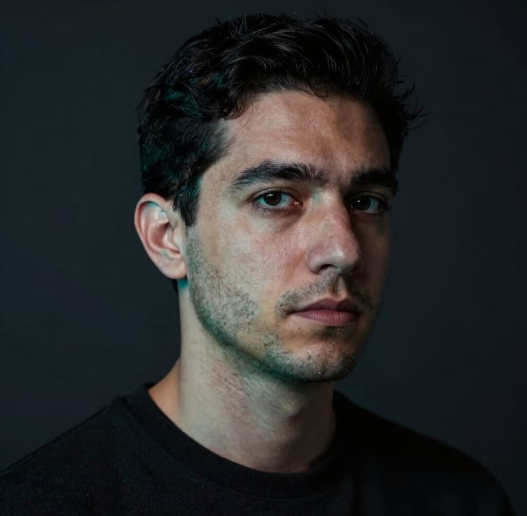 Close-up portrait of Matías, a technical founder in his 30s, looking directly at the camera. Minimalist dark workspace, low-key moody studio lighting with sharp electric-cyan highlights on his profile, deep shadows, professional and precise atmosphere.