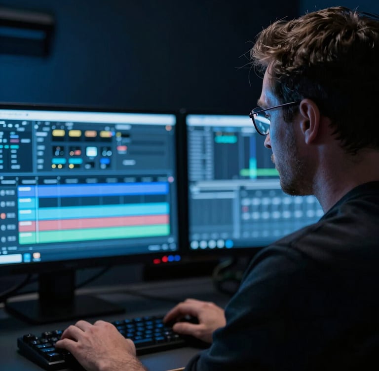 Moody over-the-shoulder portrait of a producer in a dark Pittsburgh editing bay, cool blue neon accent lighting, glowing timeline on dual monitors, macro focus, 35mm lens