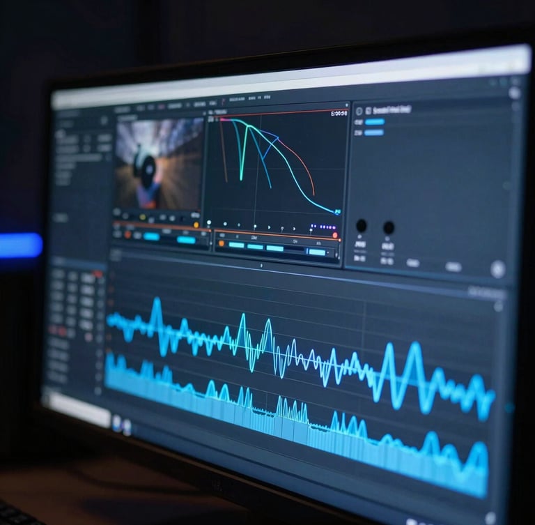 Macro shot of a professional video editing timeline on a high-end monitor in a dark studio, glowing electric blue waveforms and cuts, shallow depth of field, 35mm lens