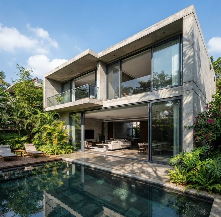 Wide-angle portrait of a luxury concrete villa in Bengaluru, showcasing massive floor-to-ceiling sliding glass doors, sharp architectural shadows, bright natural daylight.
