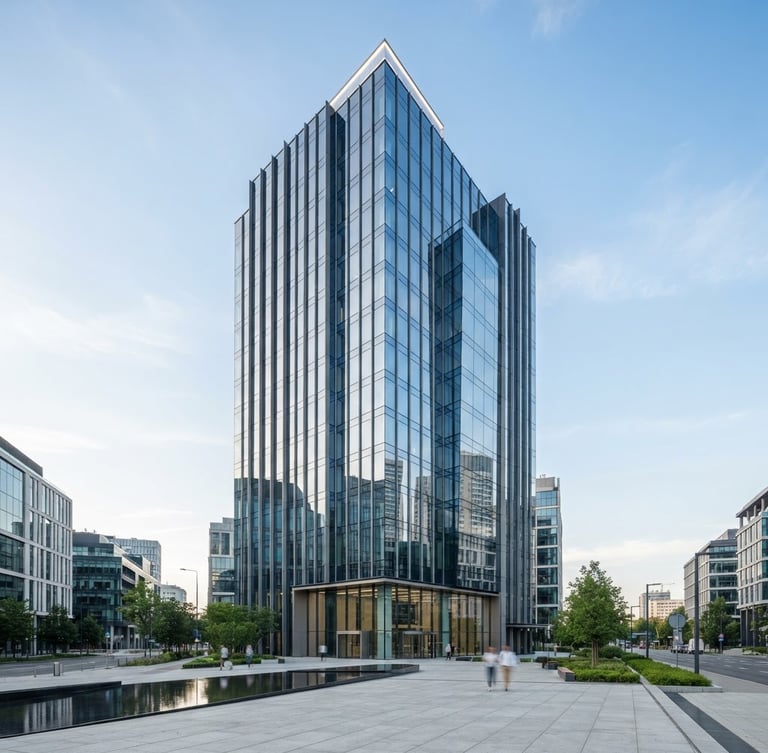Wide-angle architectural exterior shot of a modern high-rise building with a sleek glass façade, sharp structural lines, bright natural daylight, minimal luxury aesthetic, 35mm