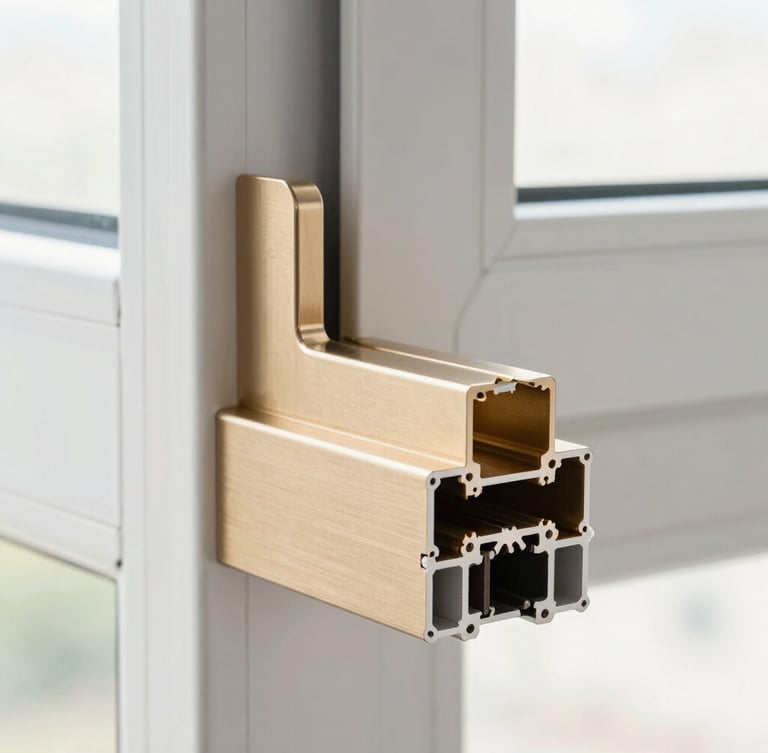 Extreme macro architectural photograph of a premium aluminium window corner joint, highlighting the flawless champagne-gold hardware and weather-resistant seals.