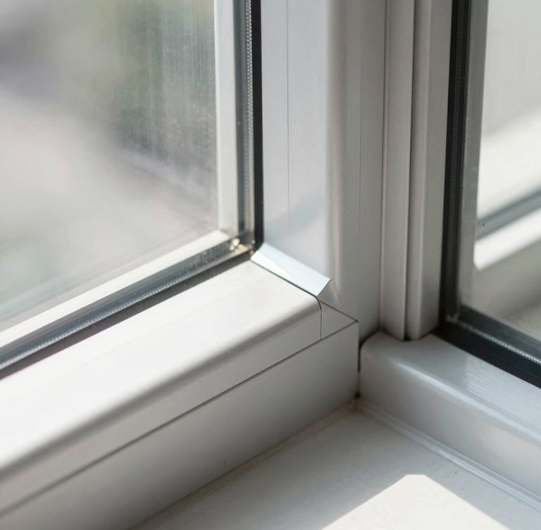 Macro architectural photograph of a sleek aluminium window corner joint, millimeter-precision alignment, bright natural daylight, crisp metallic reflections, minimal luxury.
