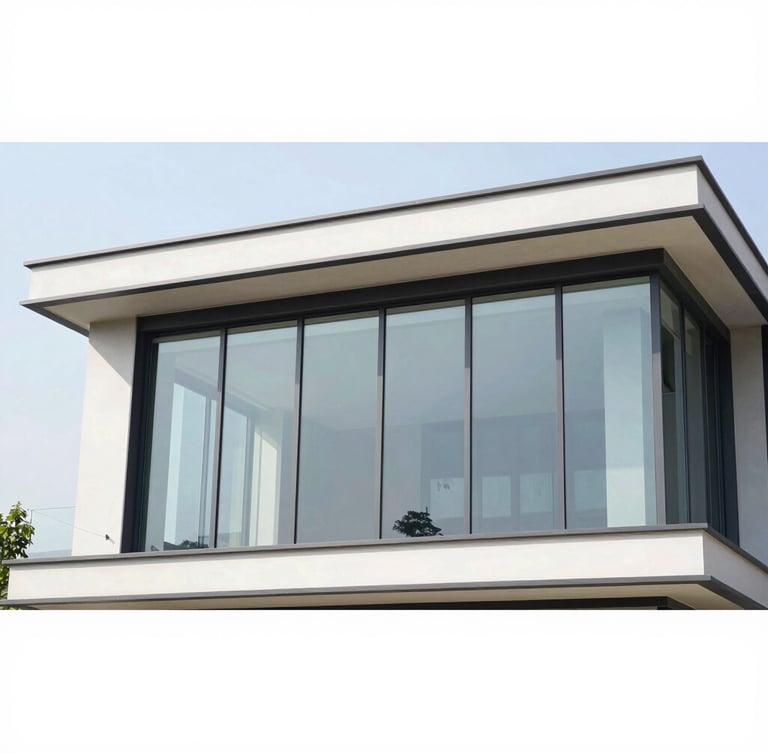 Architectural elevation of a modern luxury villa in Bengaluru, showcasing large-span structural glazing and clean joints under bright natural daylight.