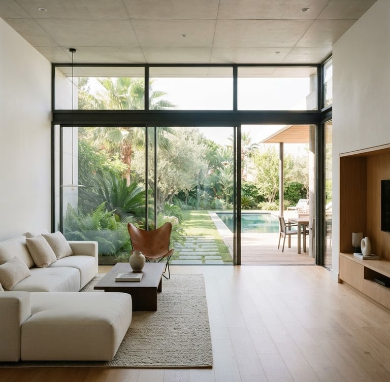 Wide angle interior of a modern minimalist villa, large-span uPVC sliding glass doors opening to a lush garden, bright natural daylight, sharp architectural lines, 35mm