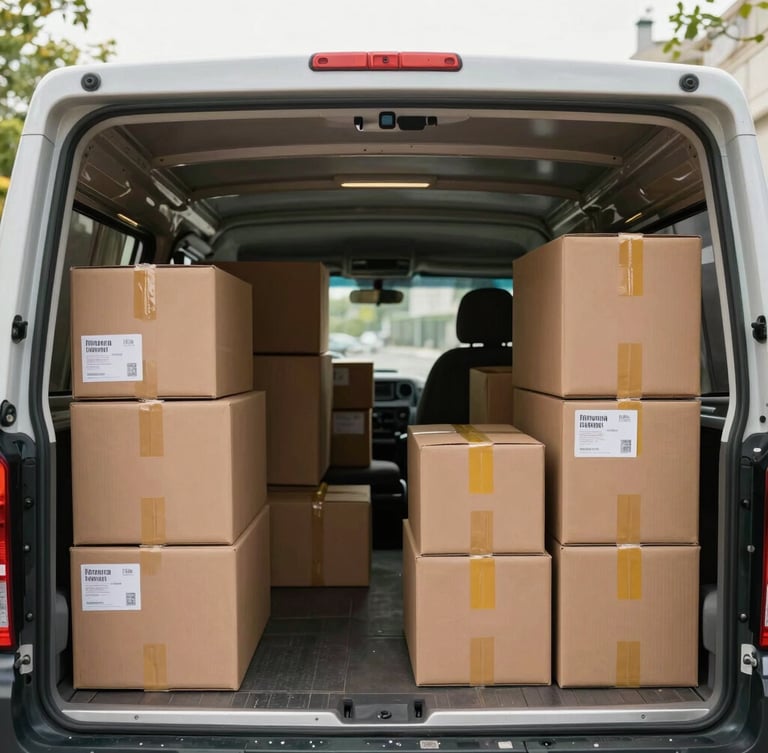 Wide-angle shot of an organized, clean moving truck interior with neatly stacked uniform boxes, bright natural daylight.