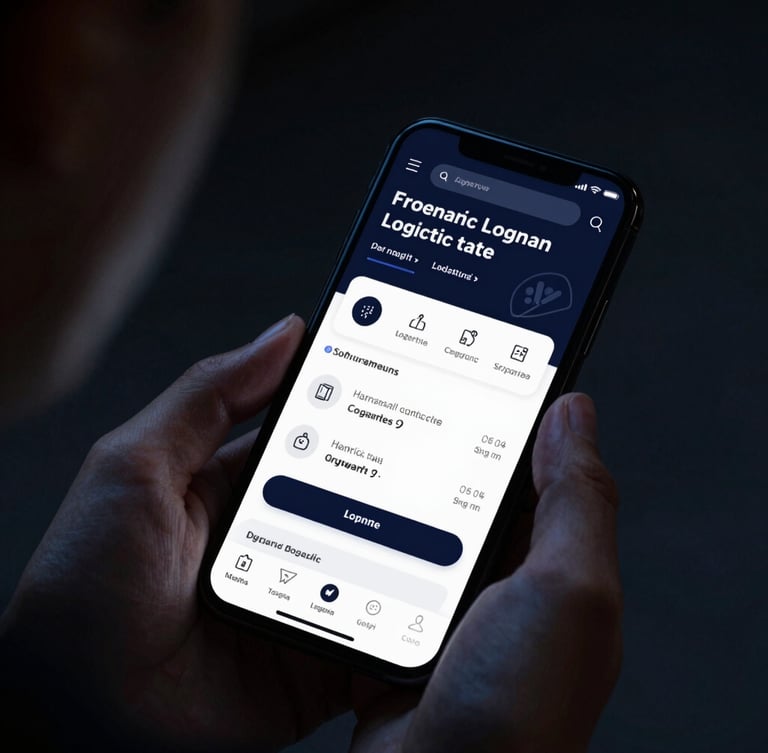 Over-the-shoulder perspective of a user navigating a dark-mode logistics application on a mobile phone, subtle blue ambient light, high contrast.