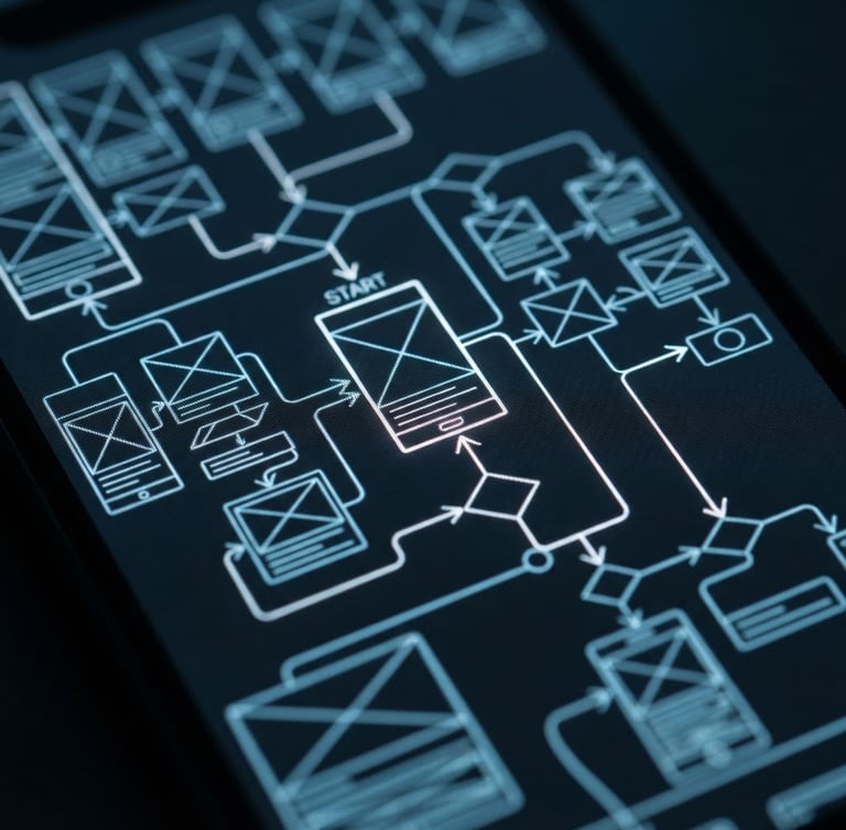 A high-fidelity mobile interface wireframe on a dark screen, crisp cool-toned studio lighting, macro shot showing clean user flow lines, high contrast, 50mm lens