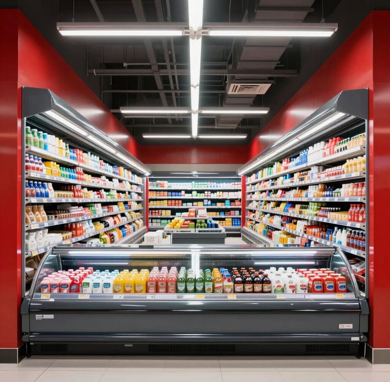 Straight-on architectural shot of a modern supermarket refrigerated display case, illuminated interiors, crisp high-contrast industrial lighting, metallic reflections, red details, clean and organized, 35mm