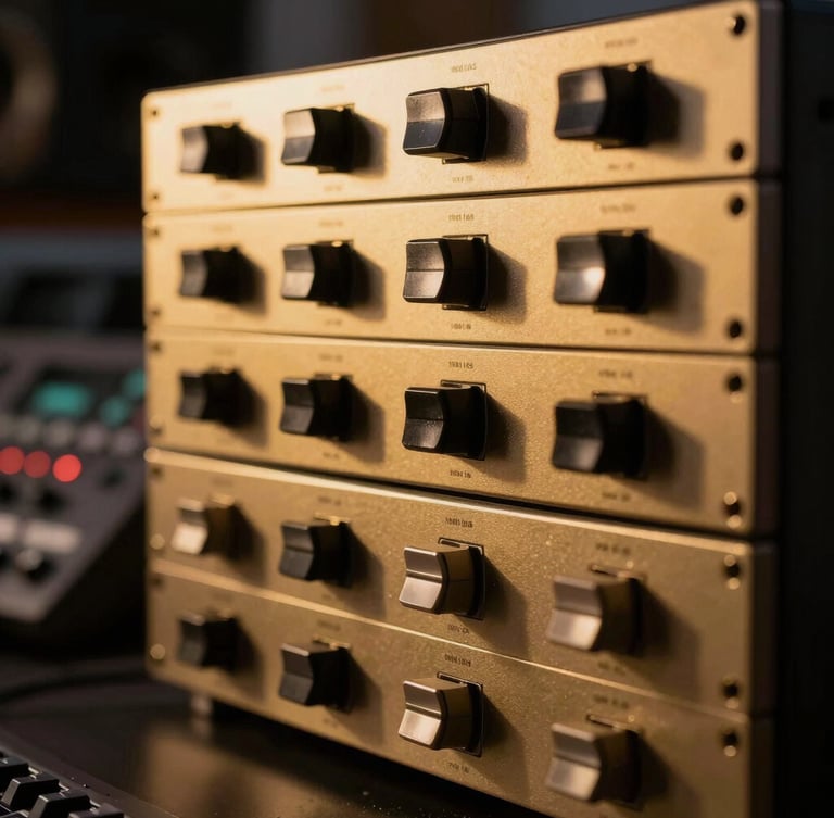 Extreme close-up of high-end studio mastering gear, glowing gold rack units, single-source directional light, high shadow depth