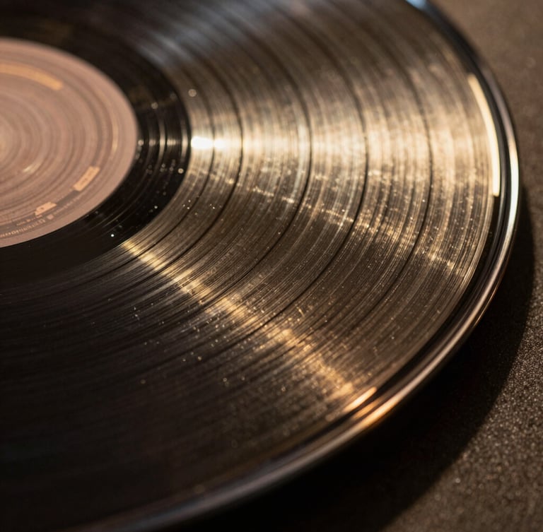 Extreme close-up macro shot of a gold vinyl record groove reflecting sharp directional light, high shadow depth, cinematic dark atmosphere.