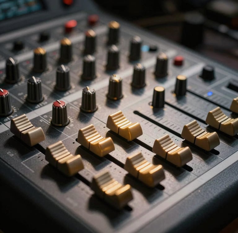 Cinematic close-up of a high-end analog mixing console's faders, single-source directional light casting deep shadows, gold-toned rim lighting highlighting the metallic dials, dark studio background.