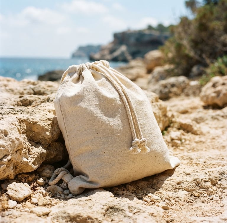 A raw cotton drawstring backpack resting on sunlit coastal stone, bright midday sun, soft cream and sand tones, 35mm film