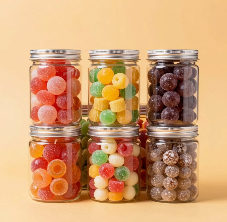 Crisp front-facing product shot of colorful candy jars and spiced nimko bags on a solid warm saffron background, bright high-key studio lighting, 50mm