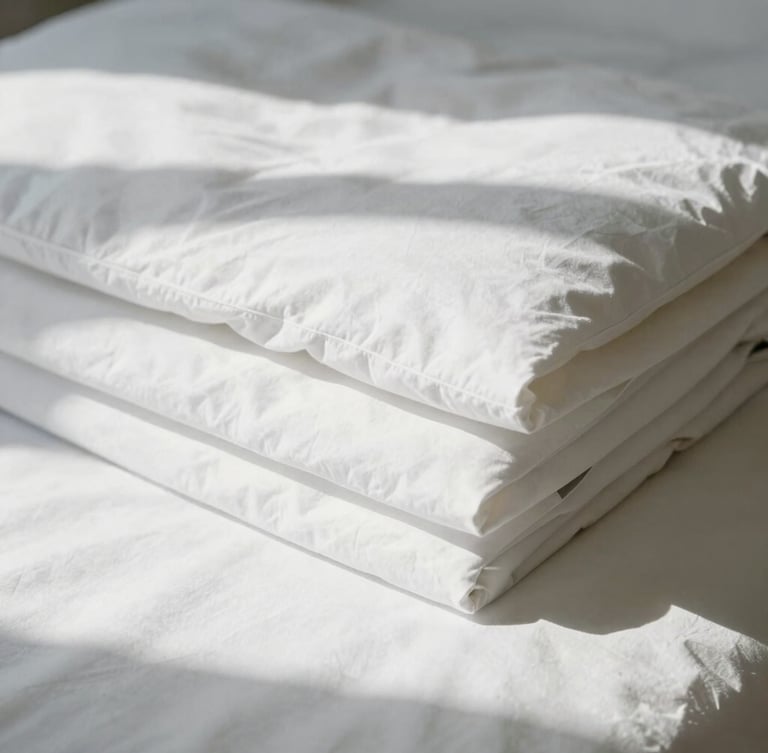 Close-up of crisp white bed linens folded with absolute precision, sharp architectural shadows, bright morning daylight, 35mm