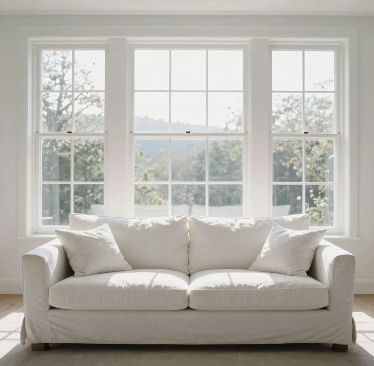 Straight-on architectural photo of a sunlit, minimalist living room post-clean, crisp linen white sofa, natural daylight streaming through immaculate glass window panes, 35mm