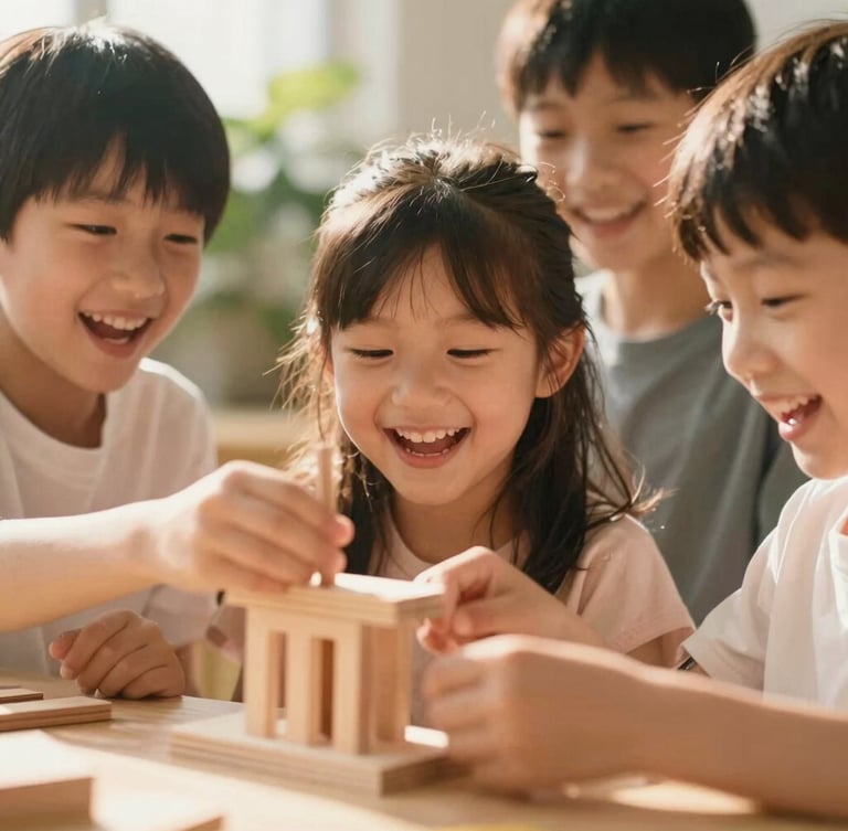 A bright close-up of children laughing while building a wooden craft under warm golden-hour sunlight, shallow depth of field, 35mm