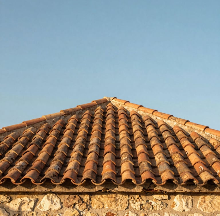 Low-angle shot looking up at a restored stone bastide roof with warm terracotta tiles against a clear blue sky, soft golden hour light, 35mm