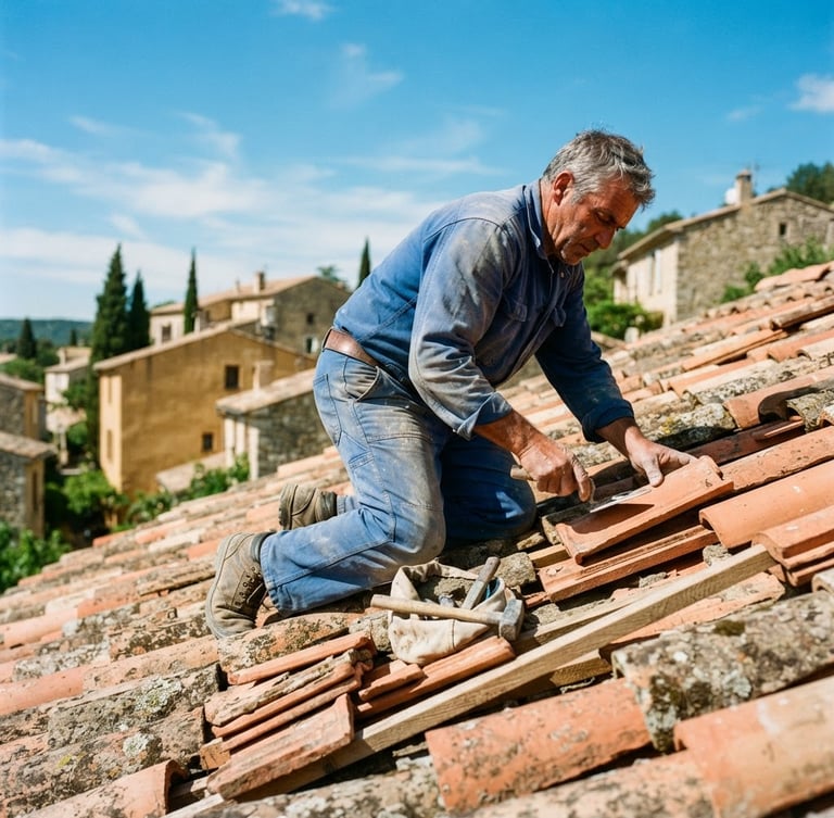 Low-angle shot of a French craftsman in workwear repairing terracotta roof tiles on a sunny day in Provence, bright Mediterranean sunlight, high contrast shadows, sharp details, 35mm