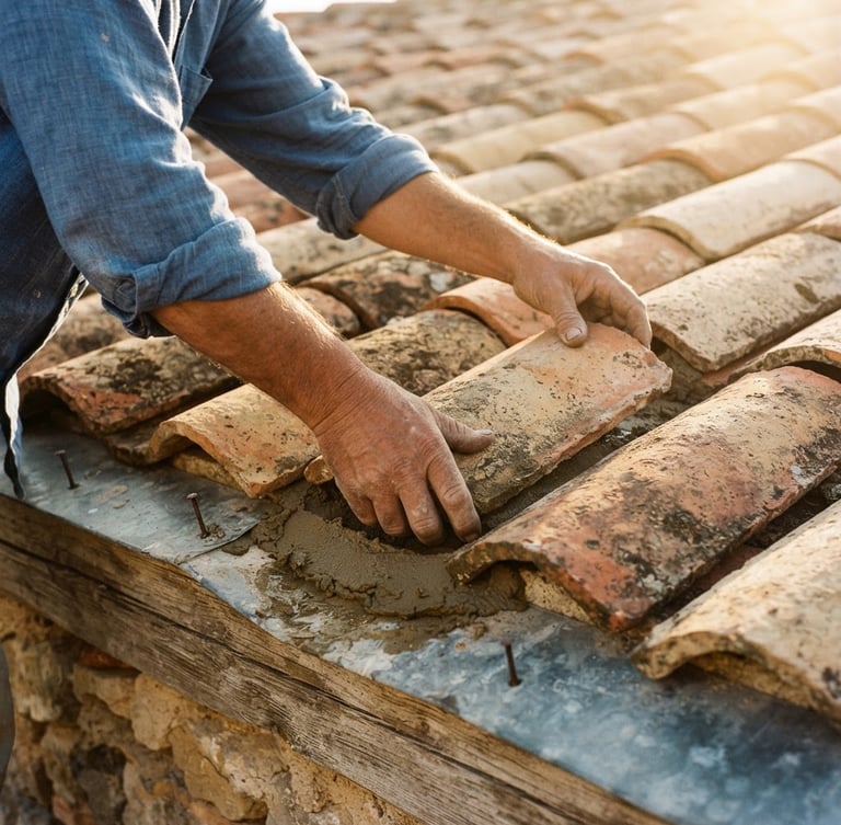 Close-up of weathered terracotta tiles being laid by an artisan under warm golden Mediterranean sunlight, sharp details, 35mm